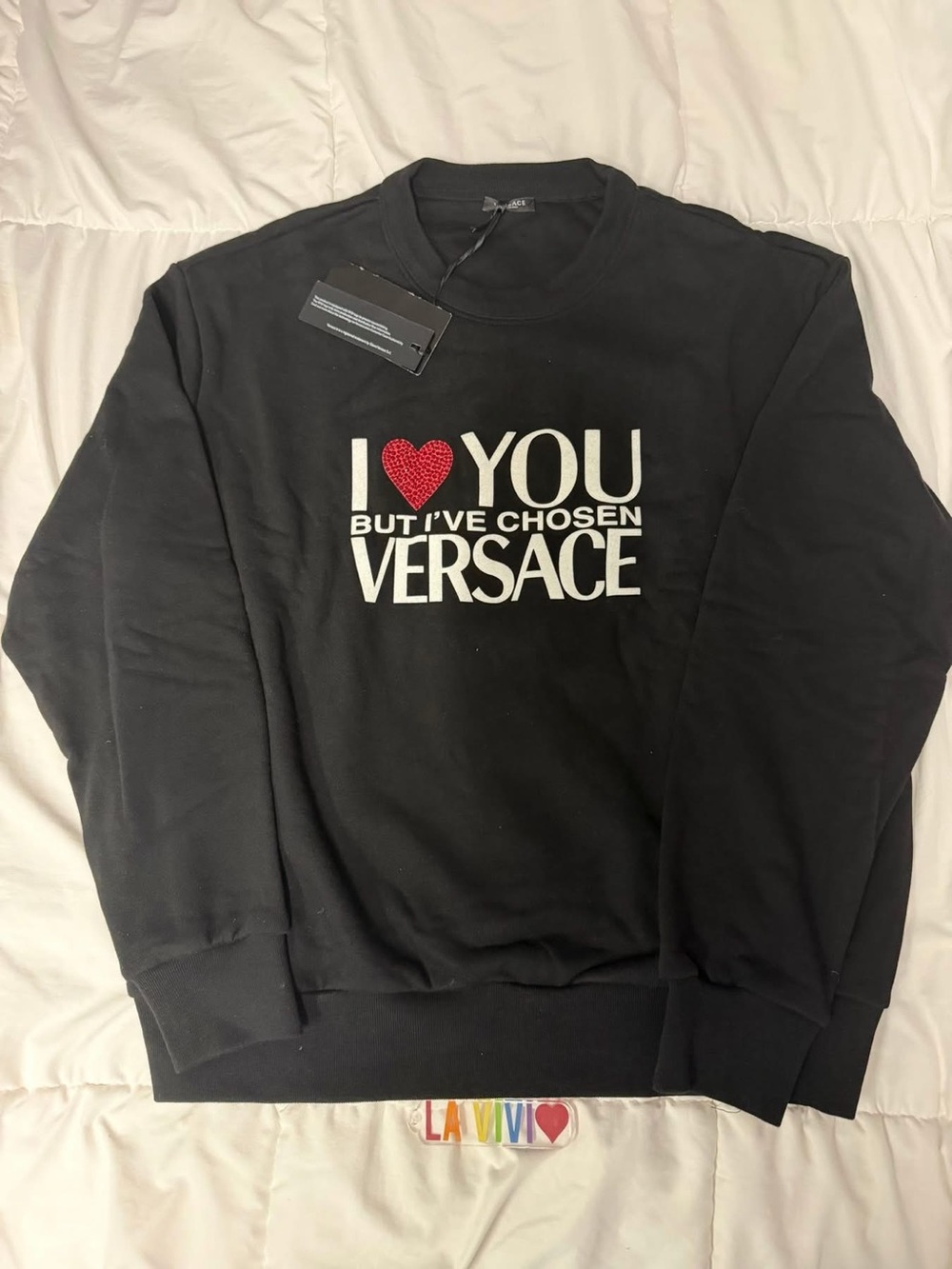 Versace Black Crewneck Sweatshirt with Red Heart and White Logo